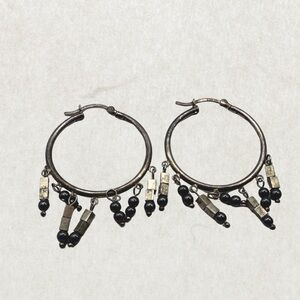 Vintage Sterling Silver Hoop Earrings with Black Onyx Dangles